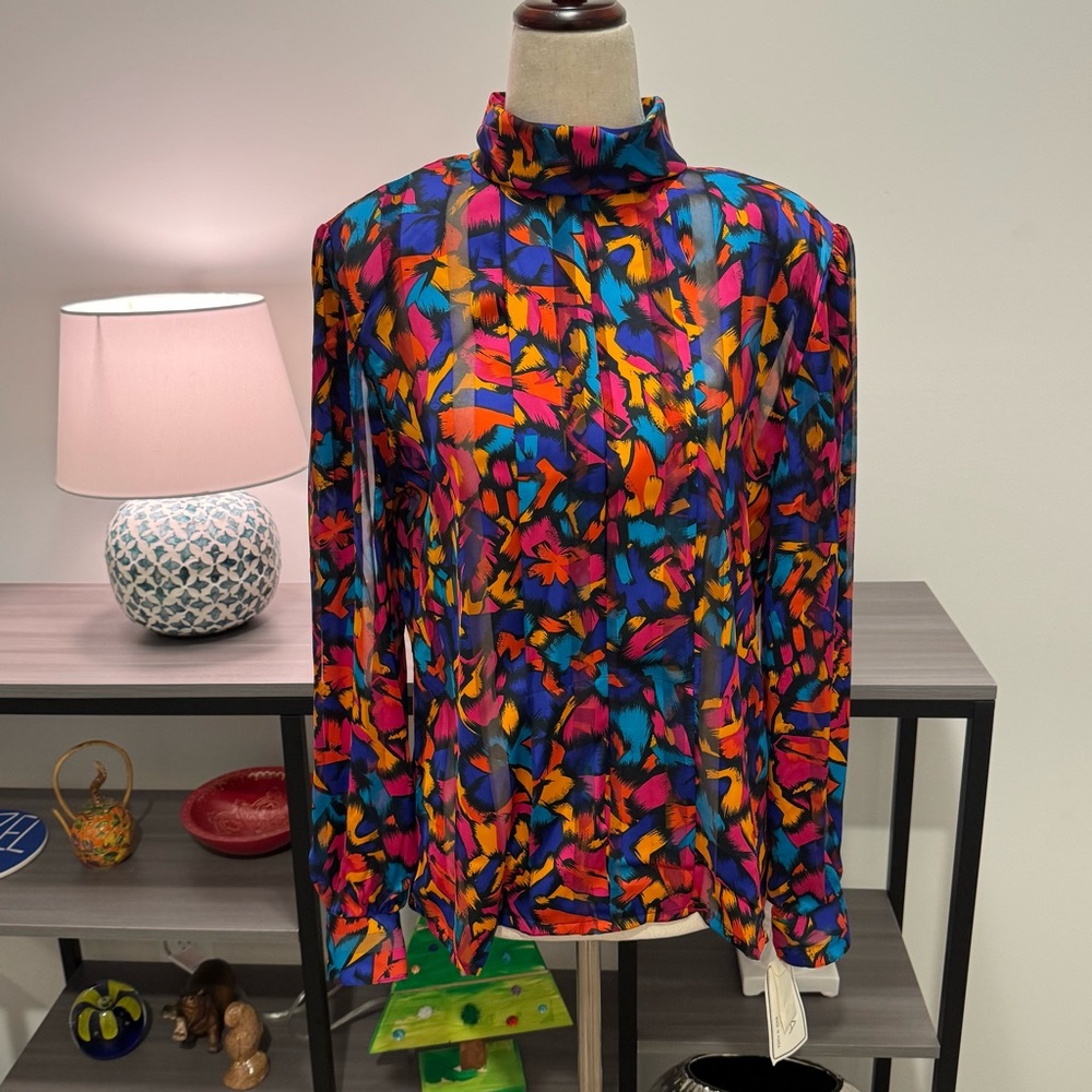 Vintage NICOLA Abstract Print High-Neck Blouse | Size 10 | NWT | Made in Korea - Picture 1 of 15